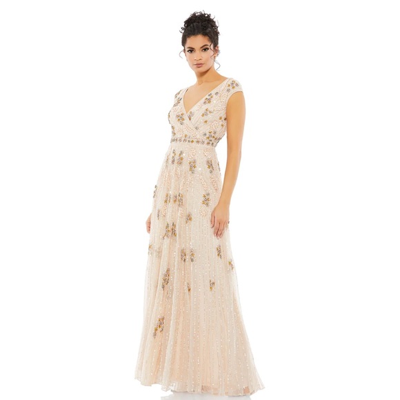 NWT $998 MAC DUGGAL EMBELLISHED WRAP OVER CAP SLEEVE A-LINE GOWN DRESS 93575